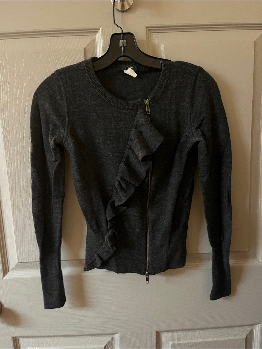 7/$20 J. Crew Charcoal Gray Ruffle Zip-Front Sweater